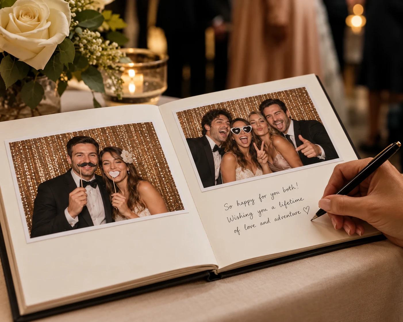 Wedding guest book with full-size 10 by 15 cm photo booth prints and a guest writing a message for the bride and groom